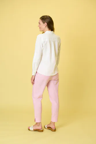 Model wearing White Arrowtown Shirt By Charlie Jane Available at Beetees Nelson